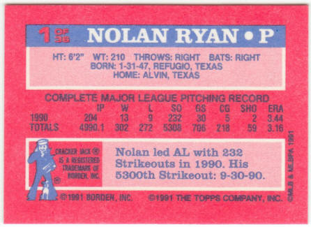 1991 Cracker Jack Topps Baseball #1 Nolan Ryan