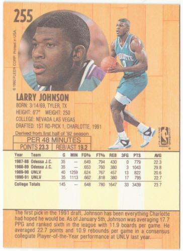 1991-92 Fleer Basketball #255 Larry Johnson Rookie Card
