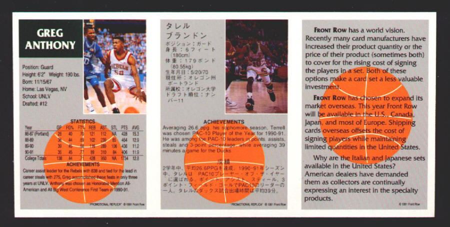 1991 Front Row Basketball Promo Panel back