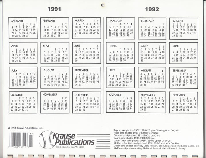 1991 Krause MVP Baseball Card Calendar