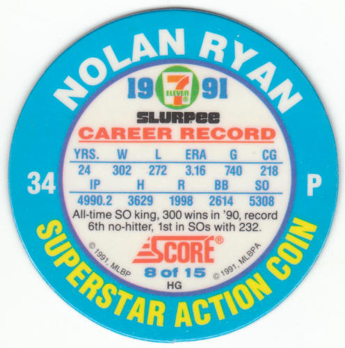 1991 7 Eleven Baseball Coin #8 Nolan Ryan