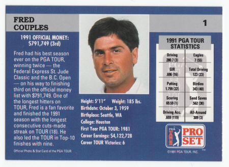 1991 Pro Set Golf Fred Couples Prototype Card Back