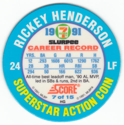 1991 7 Eleven Baseball Coin #7 Rickey Henderson