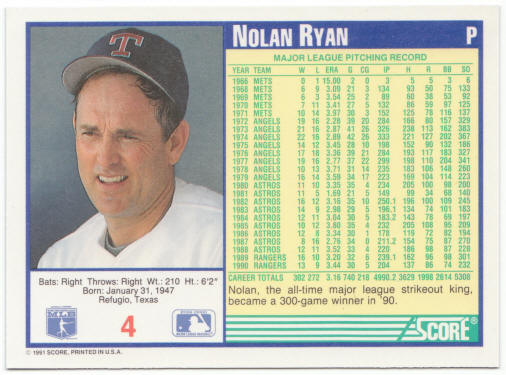 1991 Score Baseball #4 Nolan Ryan