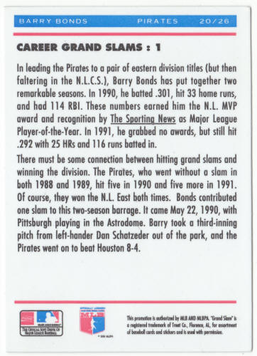 1992 Denny's Upper Deck Grand Slam Hologram #20 Barry Bonds
