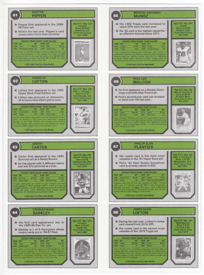 1992 Sports Card Price Guide Monthly Uncut Sheet #61 - 68