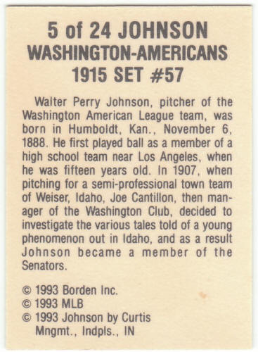 1993 Cracker Jack Baseball 1915 Reprints #5 Walter Johnson