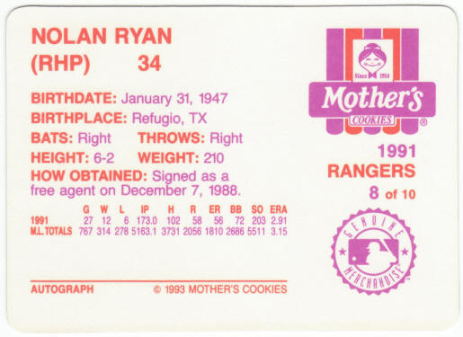 1993 Mothers Cookies Farewell Set Baseball #8 Nolan Ryan