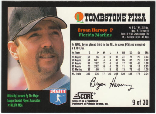 1994 Tombstone Pizza Score Baseball #9 Bryan Harvey