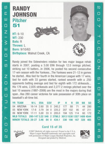 2007 Multi-Ad Sports Tucson Sidewinders Baseball #15 Randy Johnson