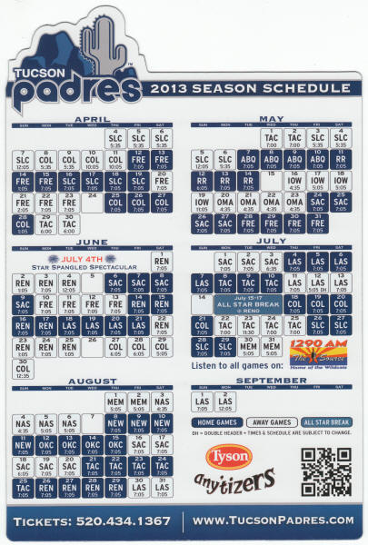 Tucson Padres 2013 Schedule Magnet