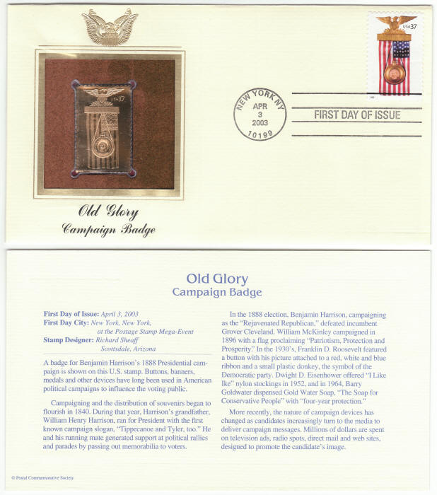 Scott #3777 Old Glory Campaign Badge Gold Replica Stamp First Day Cover