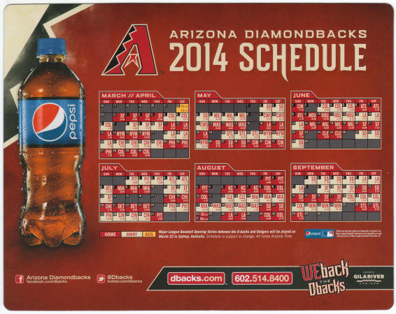 Pepsi 2014 Arizona Diamondbacks Schedule Magnet