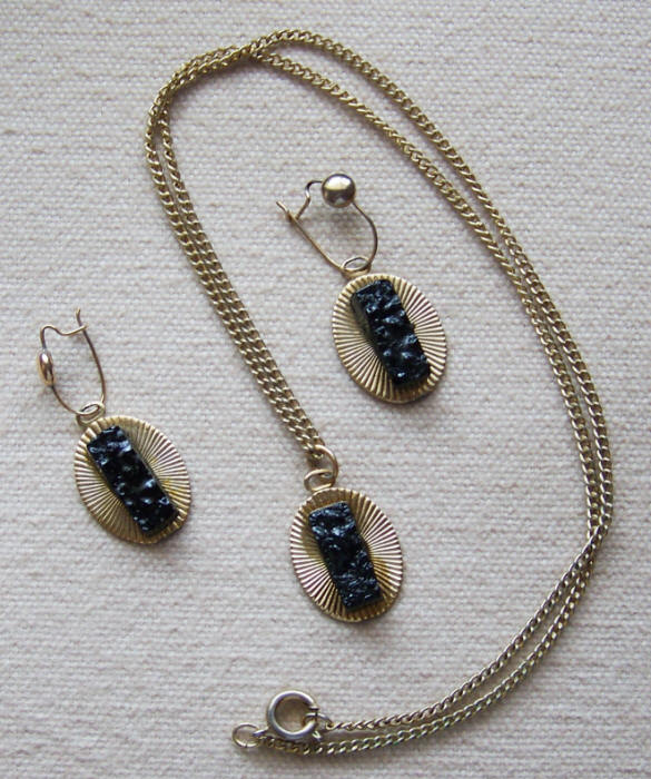 Faux Black Lava Stone Necklace Earrings Set