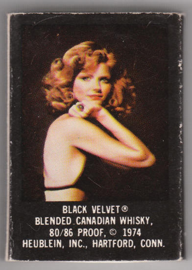 Black Velvet Canadian Whisky Cheryl Tiegs Matchbox back