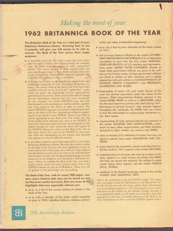 Britannica Book Of The Year 1962 Edition back