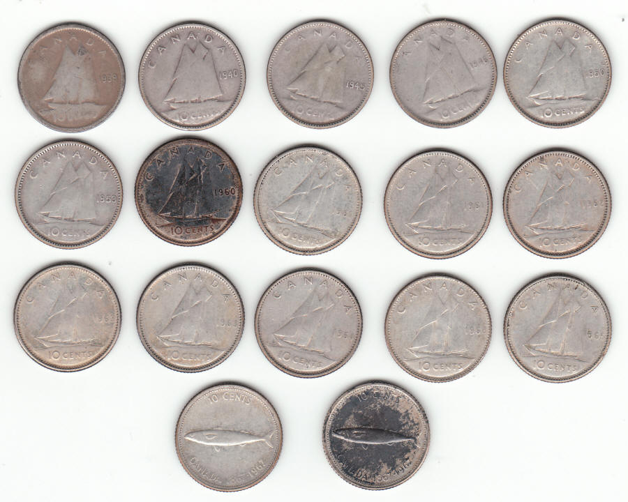 1939-1967 Lot of 17 Canadian Silver Dimes reverse