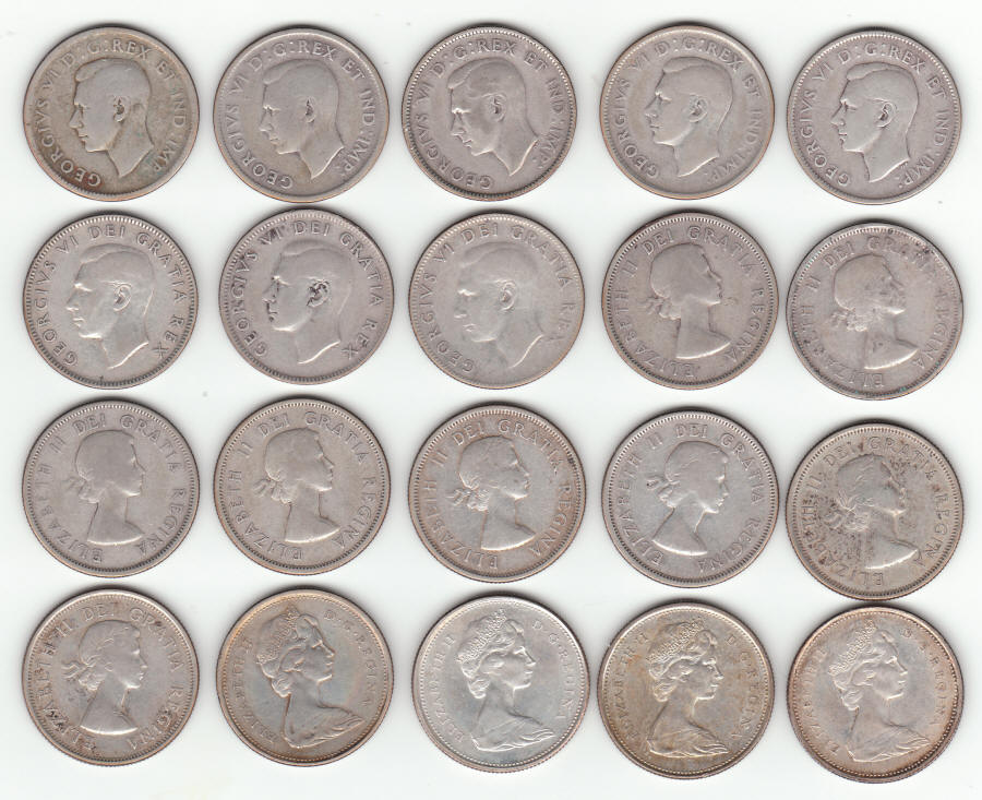 1937-1967 Lot of 20 Canadian Silver Quarters obverse