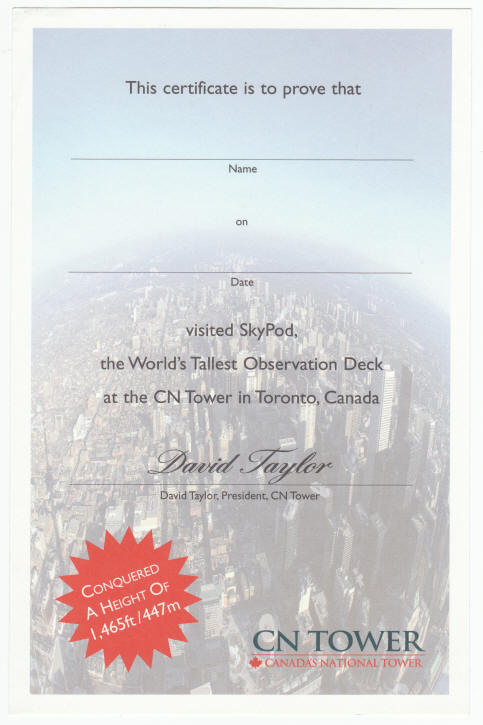 CN Tower Certificate