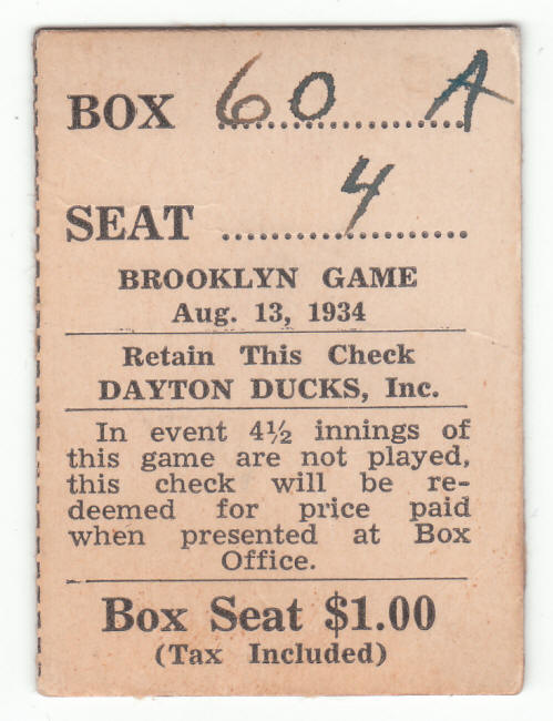 1934 Dayton Ducks Ticket Stub front