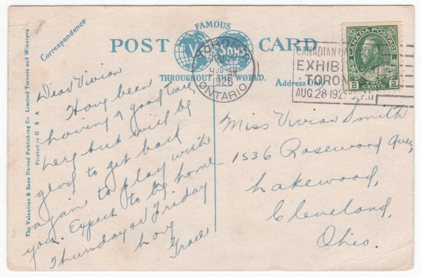 1926 Dominion Bank Toronto Canada Post Card back
