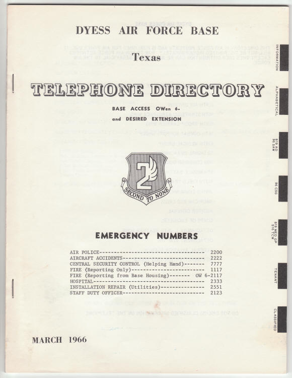 Dyess AFB 1966 Telephone Directory front