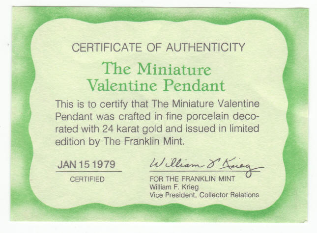 Franklin Mint Miniature Valentine Pendant 1979 COA