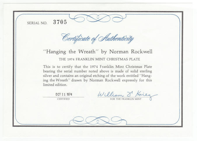 Norman Rockwells Hanging The Wreath Sterling Silver Plate COA