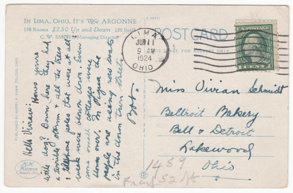 1924 Hotel Argonne Ohio Post Card back