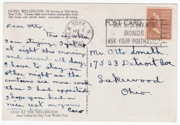 1940 Hotel Wellington New York City Post Card back