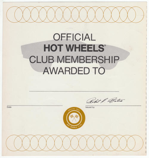 Official Hot Wheels Club Membership Award 1970