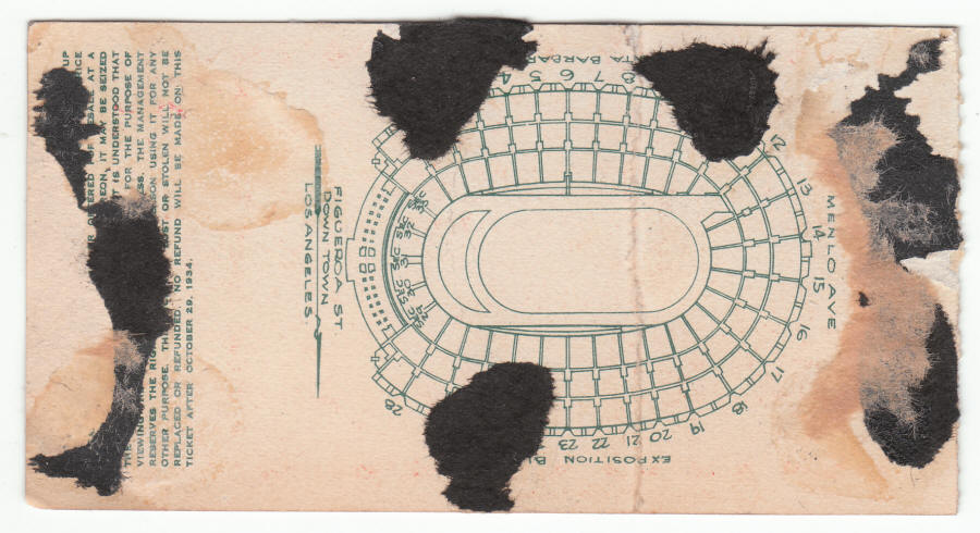 1934 Los Angeles Coliseum Ticket Stub back
