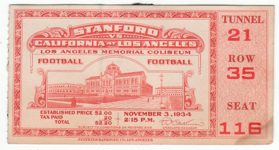 1934 Los Angeles Coliseum Ticket Stub front