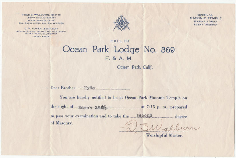 Ocean Park Lodge No. 369 note