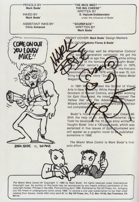 The Miami Mice Comic #1 Inside Cover Signed Original Mouse Sketch by Mark Bode