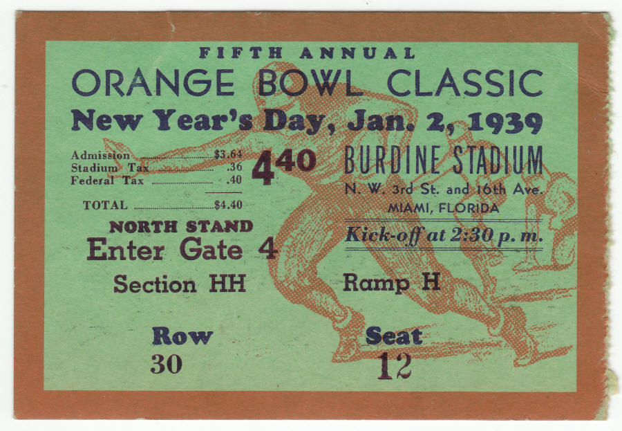 1939 Orange Bowl Classic Ticket Stub front