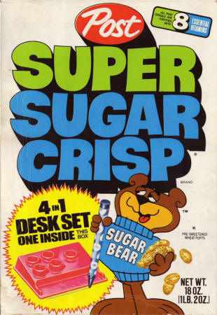 1975 Post Super Sugar Crisp 4 In 1 Desk Set Cereal Box