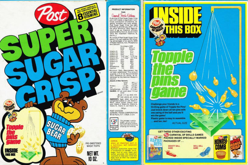 Post Super Sugar Crisp 1973 Topple The Pins Game Box