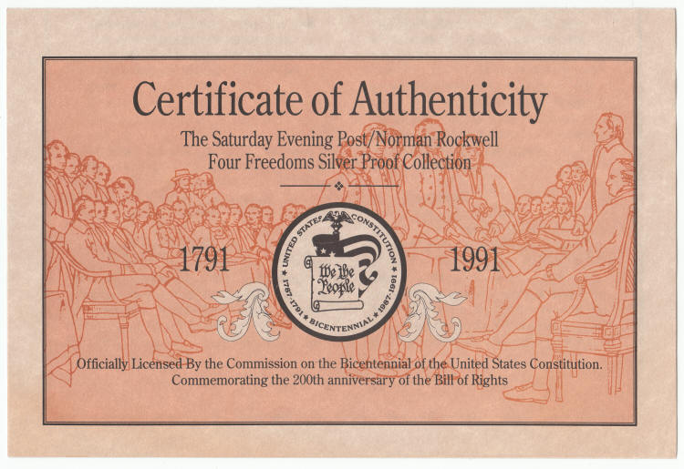 Norman Rockwells Four Freedoms Certificate of Authenticity