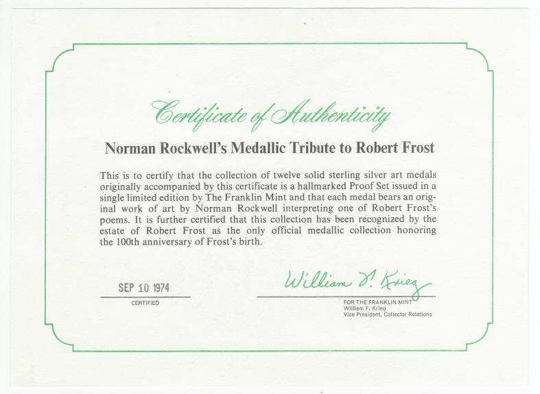 Norman Rockwells Medallic Tribute To Robert Frost COA