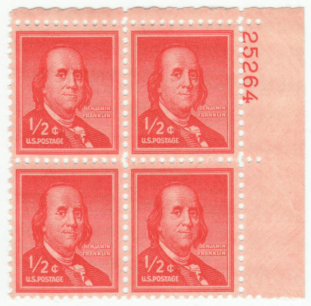 Scott #1030 Bejamin Franklin Definitive Plate Block