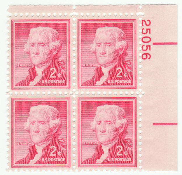 Scott #1033 Thomas Jefferson Definitive Plate Block