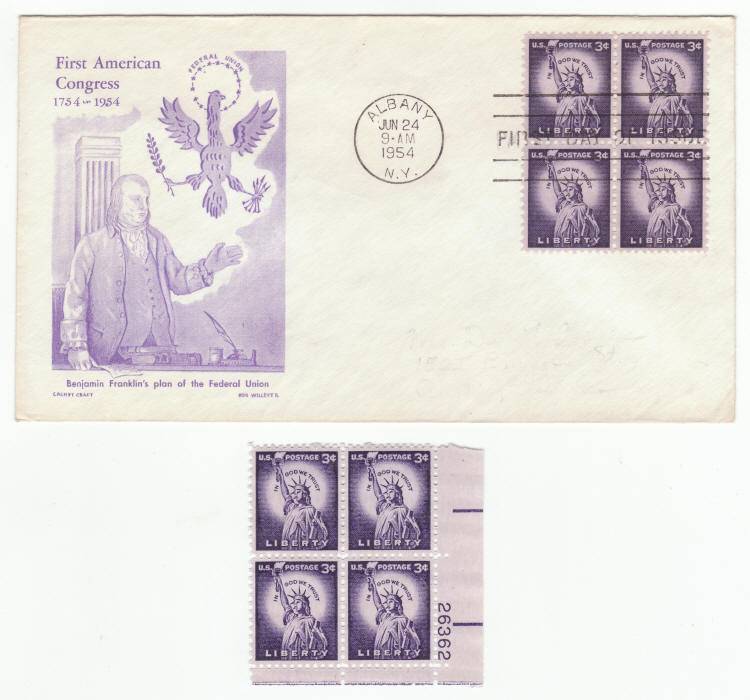 Scott #1035 First American Congress First Day Cover Plate Block