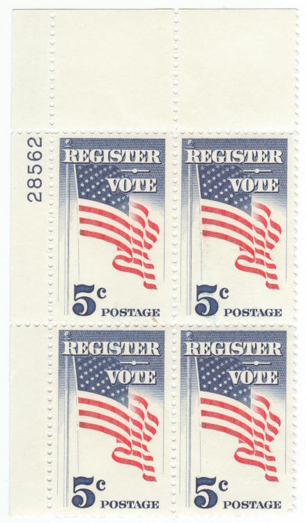 Scott #1249 Register And Vote Plate Block