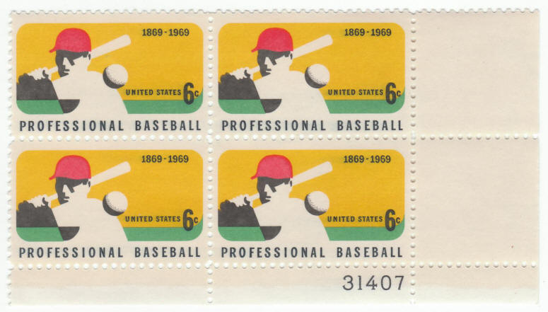 1969 Professional Baseball USPS Stamps Plate Block