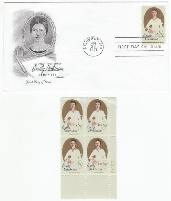 Scott #1436 Emily Dickinson First Day Cover Plate Block