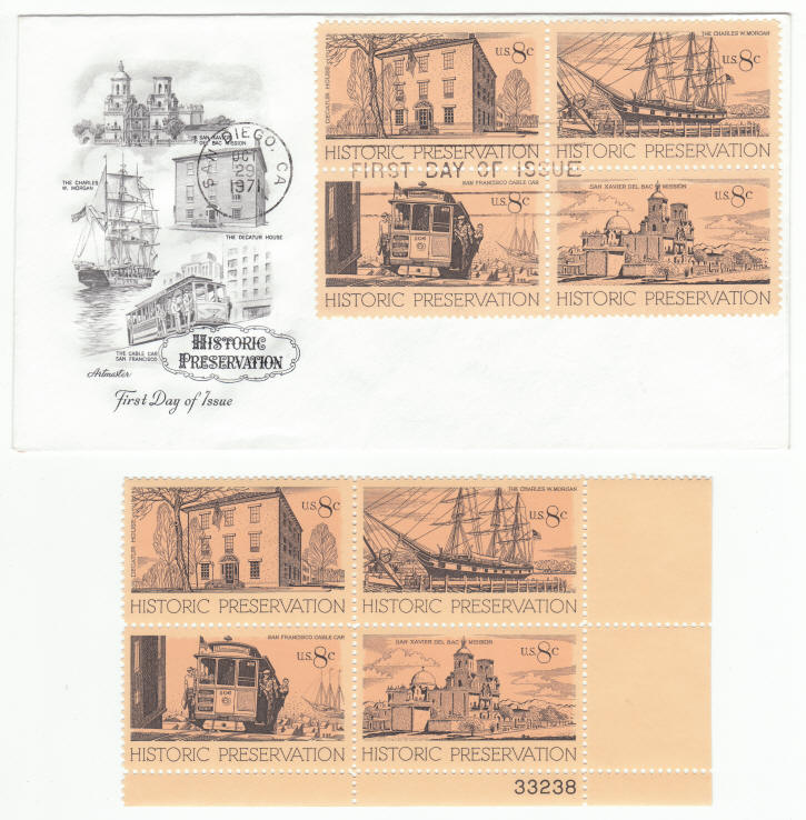 Scott #1440-1443 Historic Preservation First Day Cover Plate Block