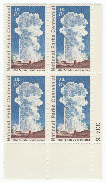 Scott #1453 Old Faithful Yellowstone Centennial Plate Block