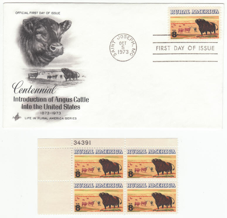 Scott #1504 Angus Cattle Rural America First Day Cover and Plate Block