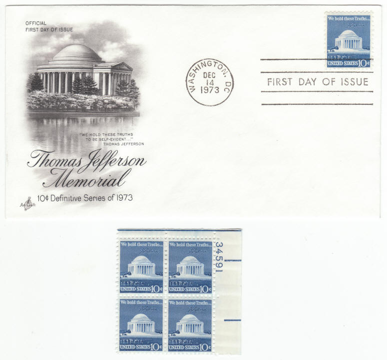 Scott #1510 Thomas Jefferson Memorial First Day Cover and Plate Block